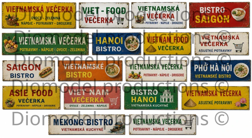 Czech vietnamese corner shop & bistros signs modern